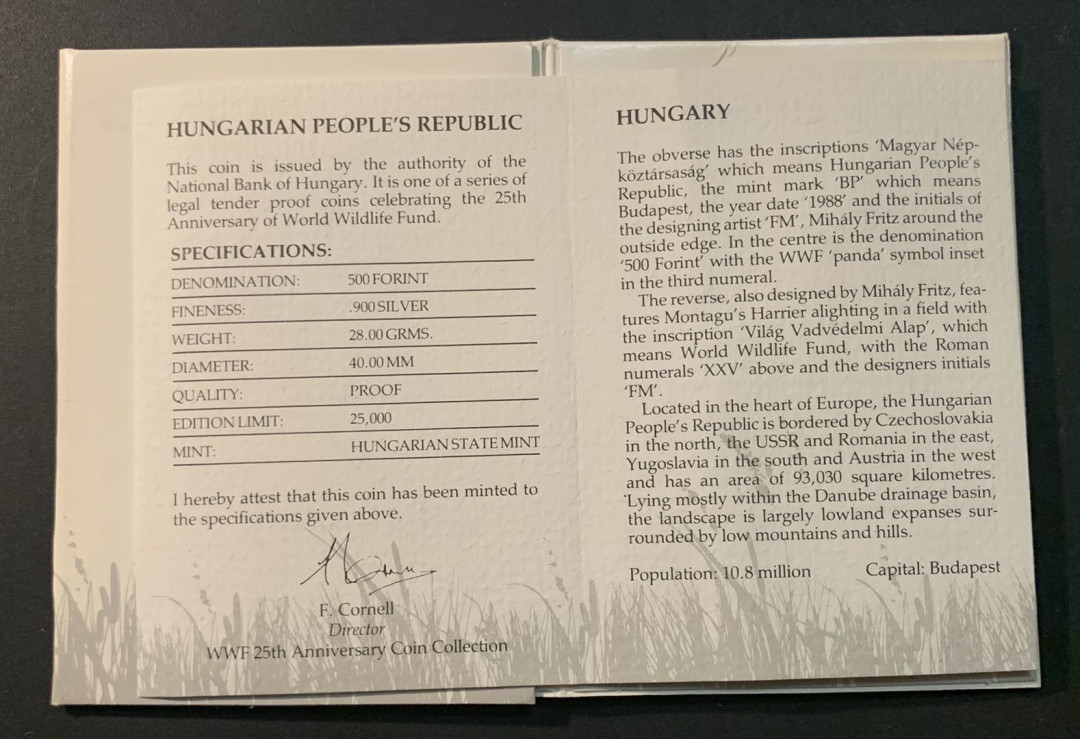紫瑗钱币—微拍第55期  匈牙利 1988年  世界濒危野生动物 苍鹰 500福林 银币 28克 0.9银 精制 WWF原装卡