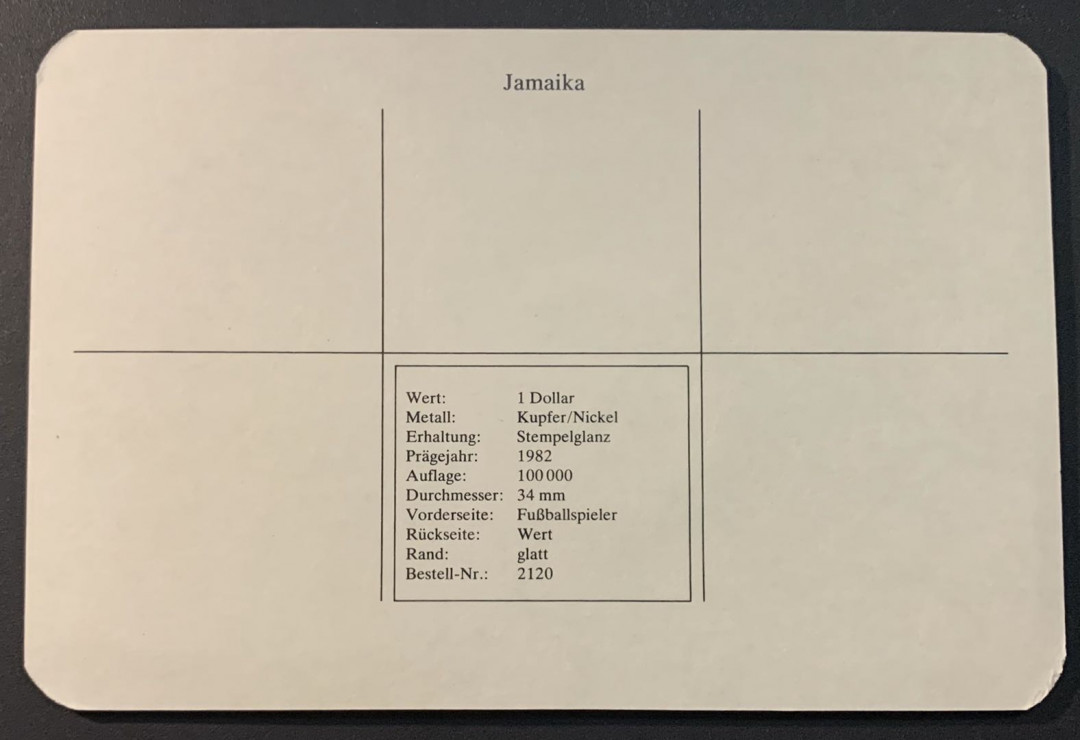 紫瑗钱币—微拍第55期  牙买加 1982年 西班牙世界杯 守门员 1元 镍币 德国原卡装