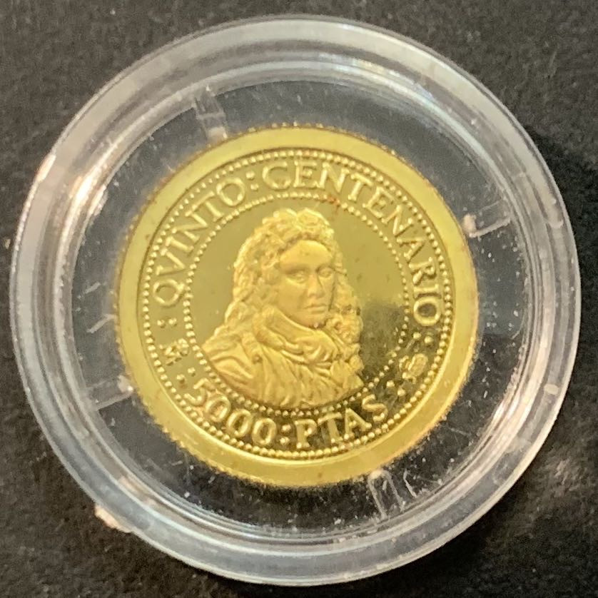 紫瑗钱币—微拍第55期  西班牙 1990年 菲利普五世 5000比塞塔 1.68克 0.999金 精制 原盒