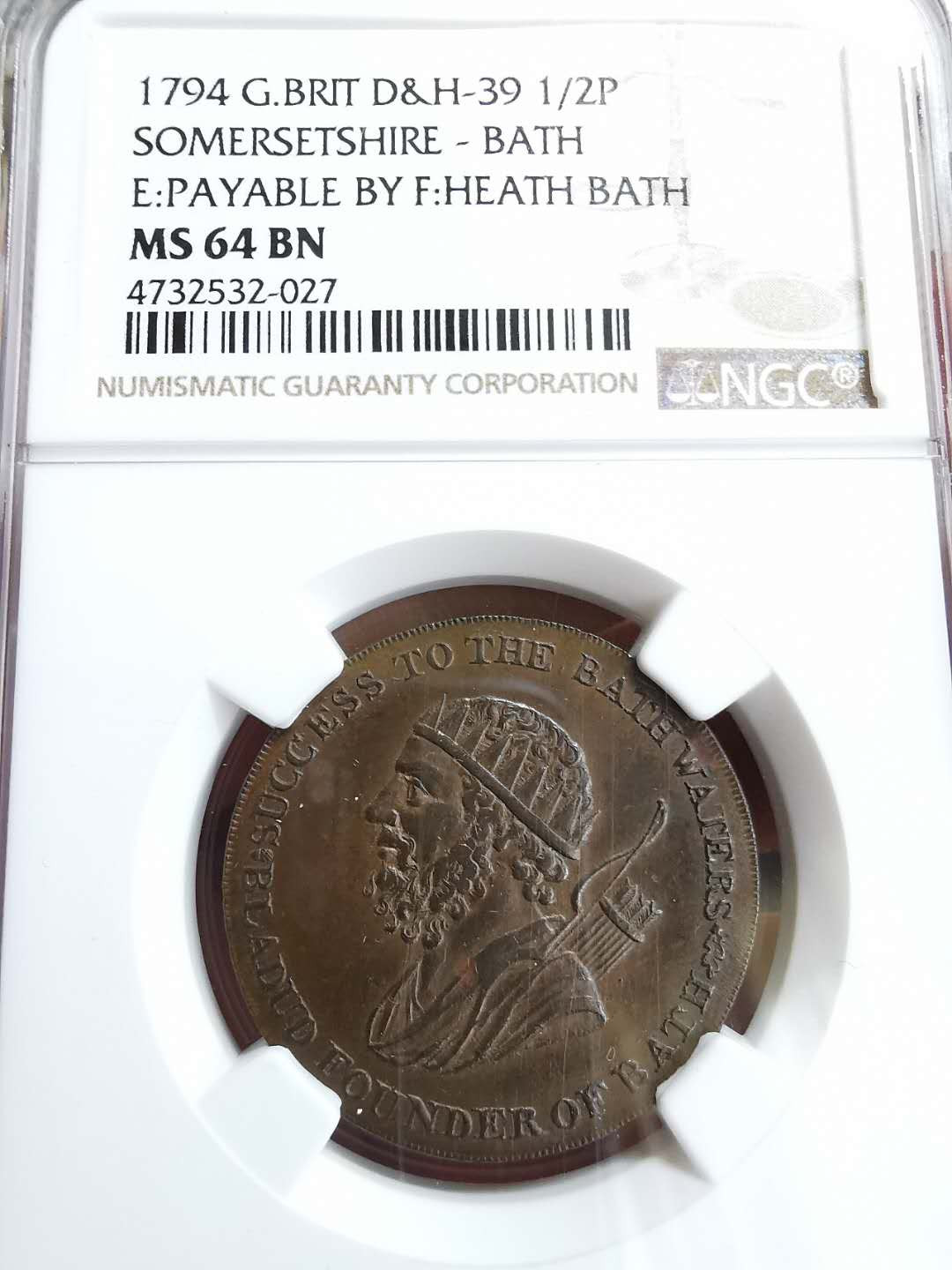 凡希社世界钱币微拍第一百十八期 1794英国BATH代用1/2便士NGC-MS64