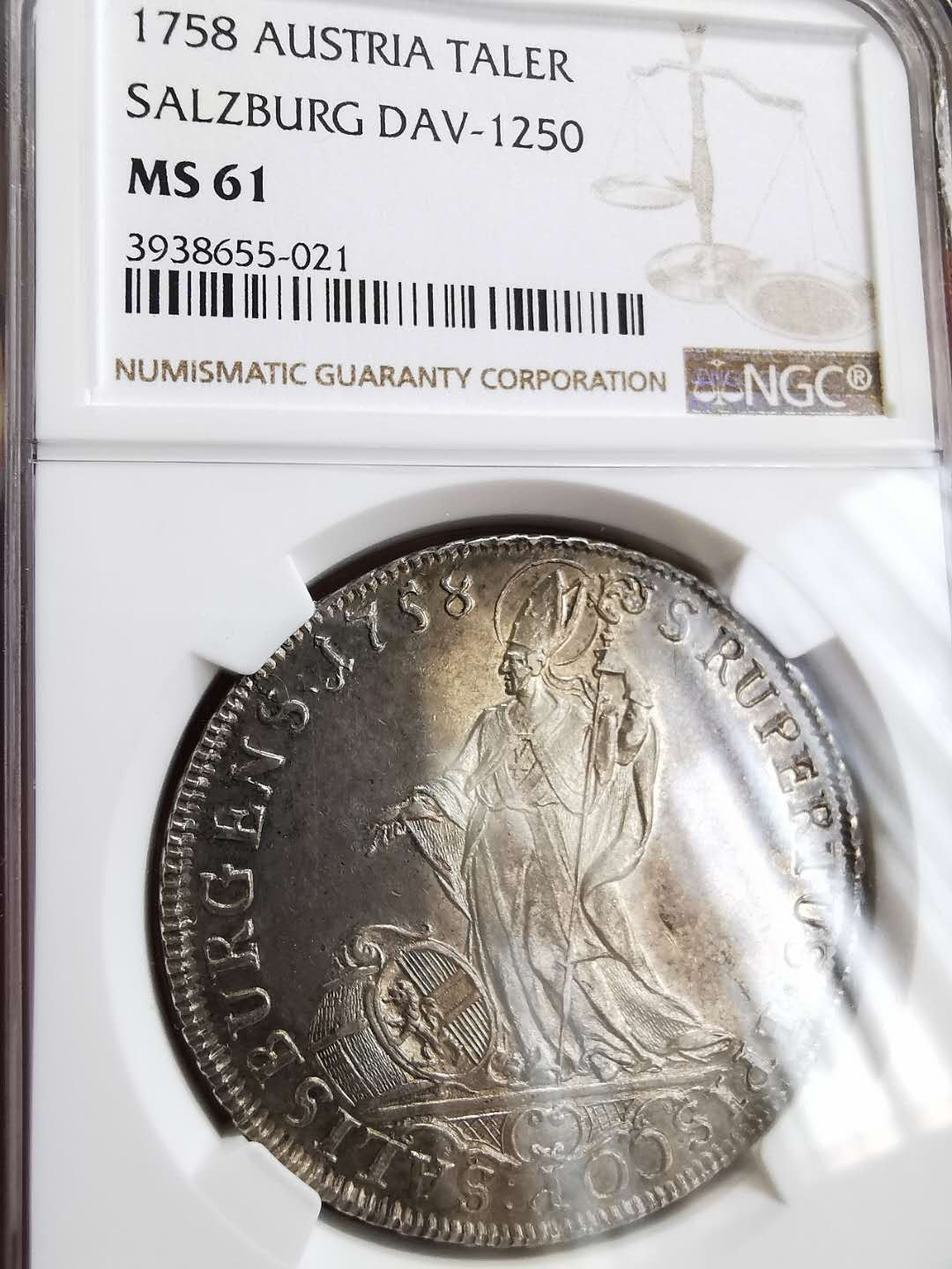 凡希社世界钱币微拍第一百十八期 稀！1758奥地利萨尔茨堡主教区圣母大型泰勒NGC-MS61罕见品种！