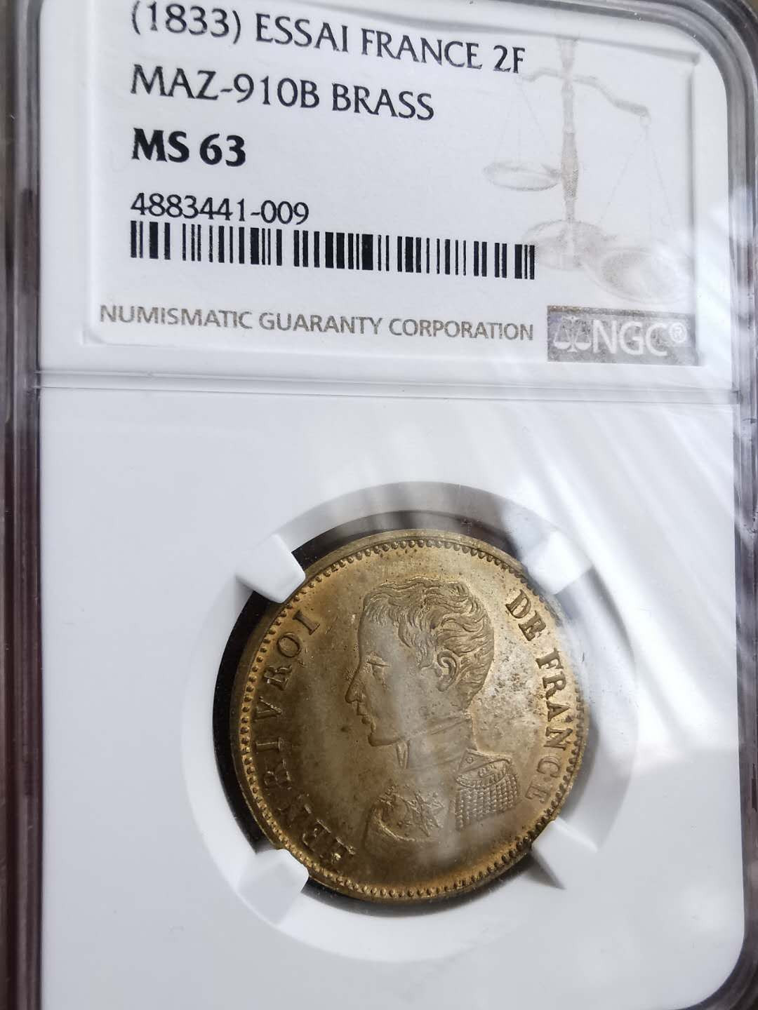 凡希社世界钱币微拍第一百十八期 稀！1833法国亨利五世2F黄铜样币NGC-MS63