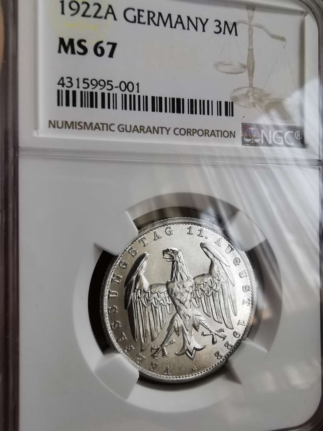 凡希社世界钱币微拍第一百十八期 1922魏玛3马克NGC-MS67顶级品！