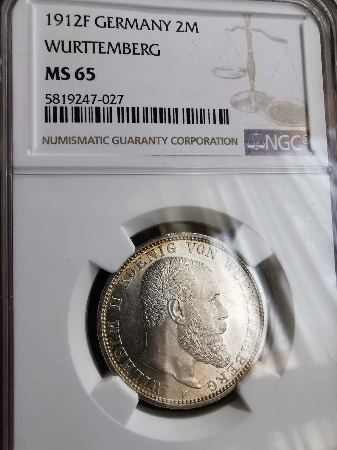 凡希社世界钱币微拍第一百十八期 1912符腾堡2马克NGC-MS65高分收藏级！