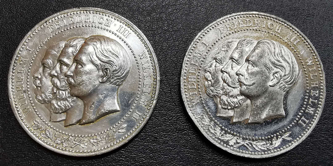 凡希社世界钱币微拍第一百十八期 1888德国三皇像纪念章银锌一对