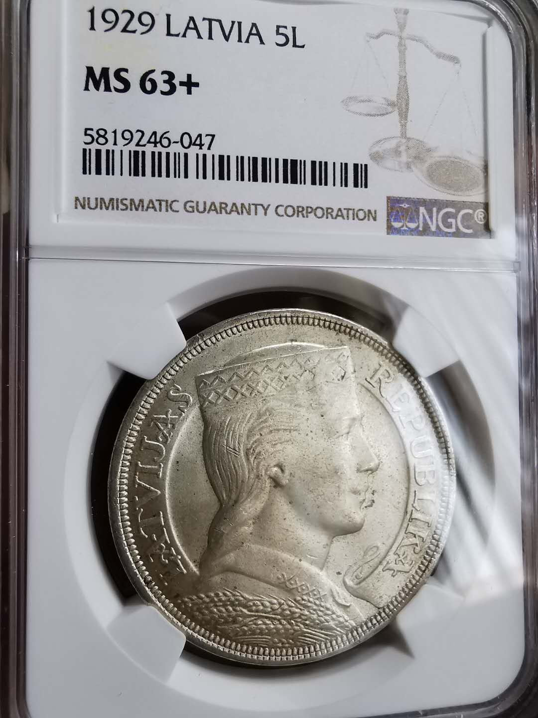 凡希社世界钱币微拍第一百十八期 1929拉脱维亚5L大银NGC-MS63+