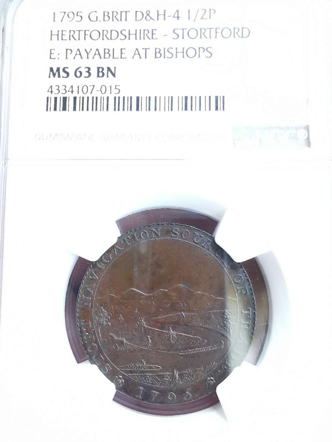 凡希社世界钱币微拍第一百十八期 稀！1795英国STORT运河通航1/2便士代用币NGC-MS63 SOHO出品之代用币翘楚！
