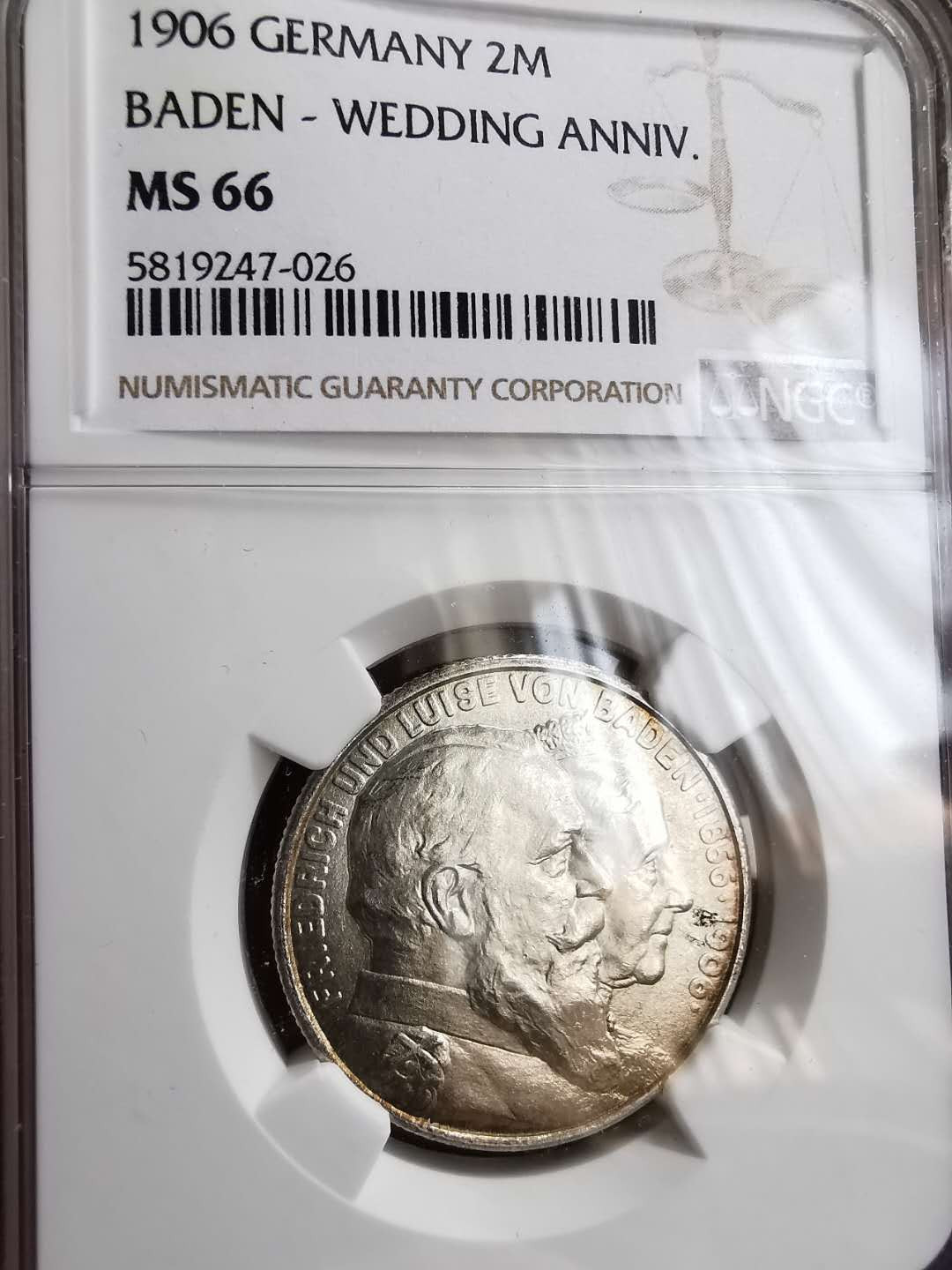 凡希社世界钱币微拍第一百十八期 1905巴登金婚2马克NGC-MS66顶级品！