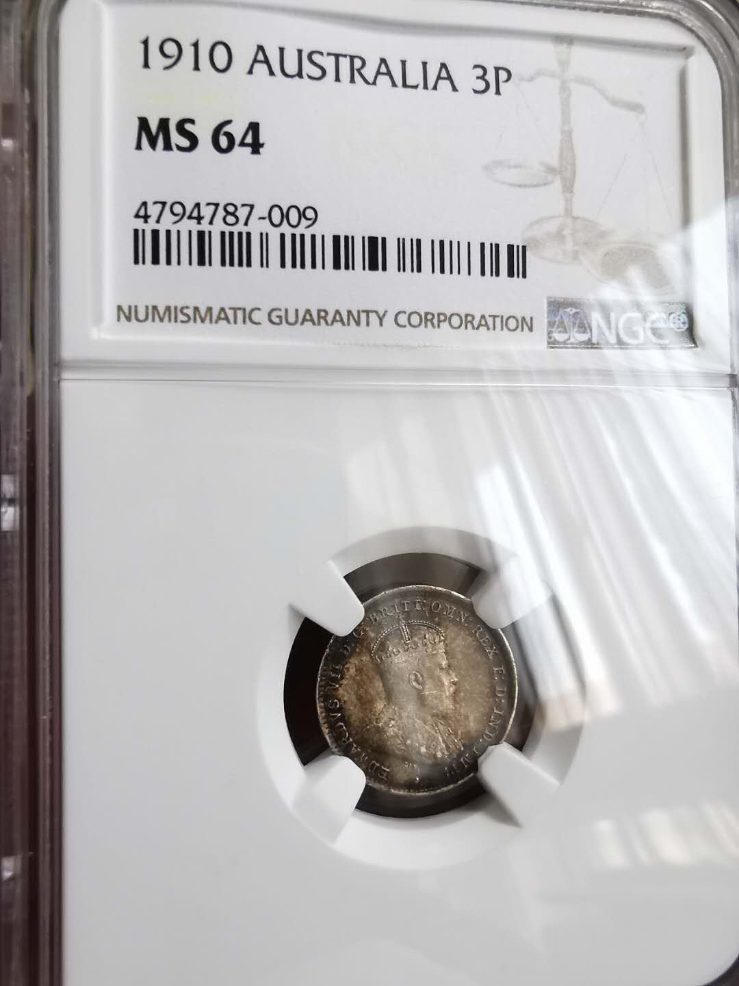 凡希社世界钱币微拍第一百十八期 1910澳大利亚爱七3P银NGC-MS64