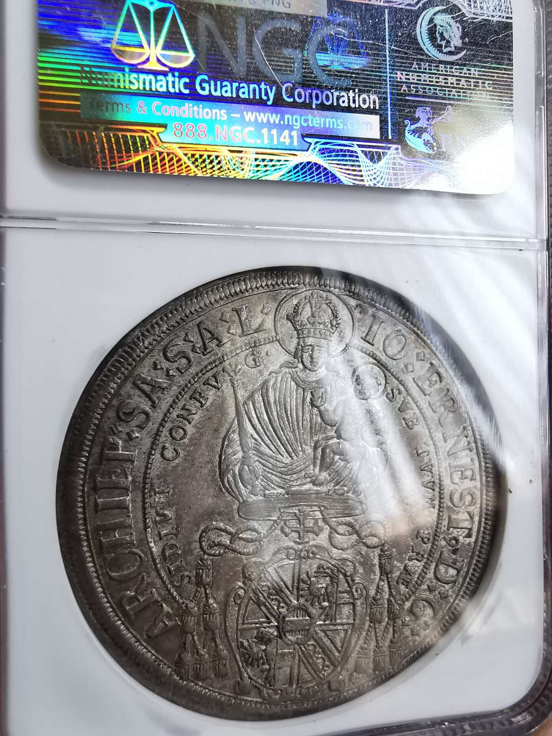 凡希社世界钱币微拍第一百十八期 稀！1705萨尔茨堡主教区圣母抱子泰勒大银NGC-MS63灰蓝包浆淡五彩美物！