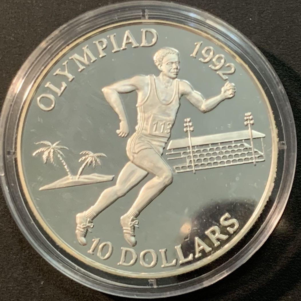 紫瑗钱币—微拍第59期  所罗门群岛 1991年  92巴塞罗那奥运会 马拉松 10元 31.5克 0.925银 精制