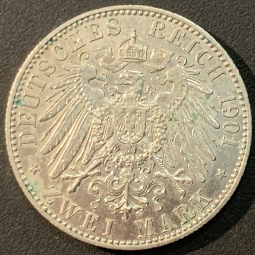 紫瑗钱币—微拍第56期  德国 普鲁士 1901年 建国200周年 2马克 11.11克 0.9银