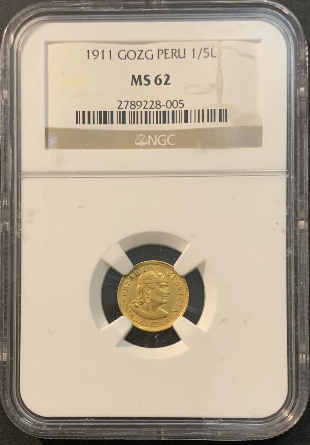 紫瑗钱币—微拍第56期  秘鲁 1911年 1/5磅 金币 NGC MS62