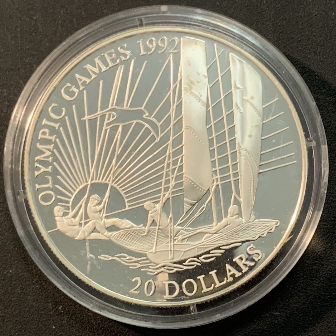 紫瑗钱币—微拍第59期  基里巴斯 1992年 巴塞罗那奥运会 帆船 20元 31.47克 0.925银 精制
