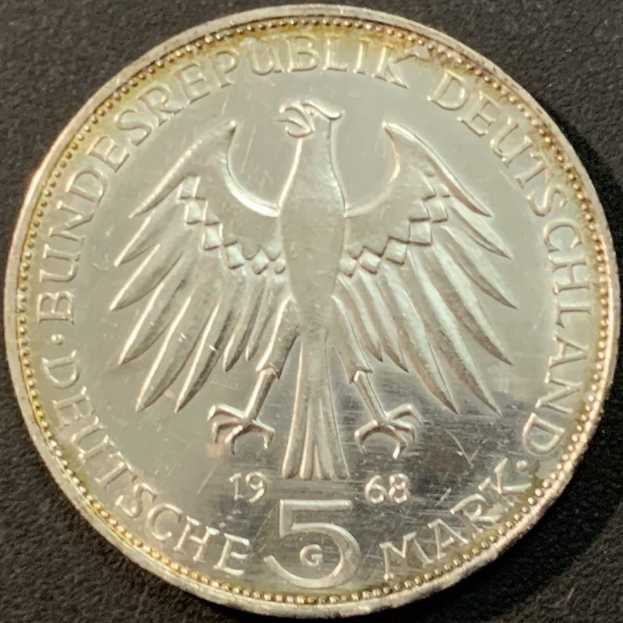 紫瑗钱币—微拍第56期  德国 1968年 G厂 古登贝格500周年 5马克 11.2克 0.625银