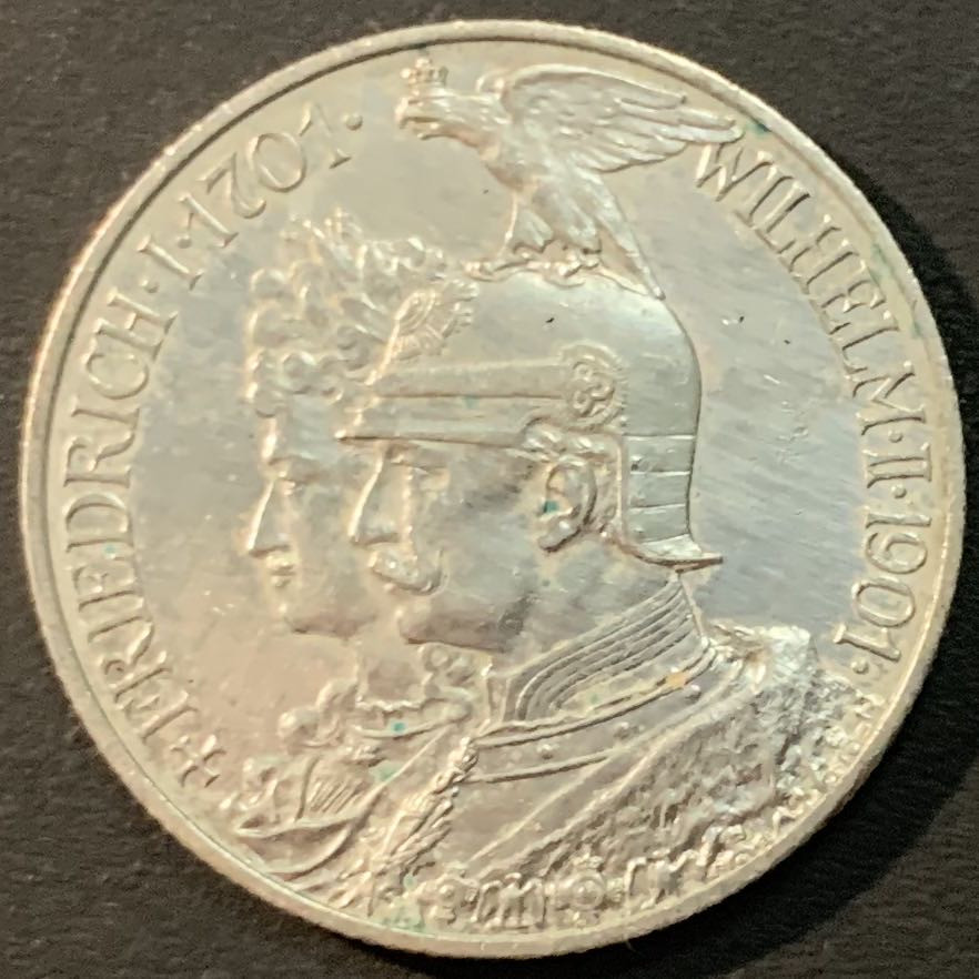 紫瑗钱币—微拍第56期  德国 普鲁士 1901年 建国200周年 2马克 11.11克 0.9银