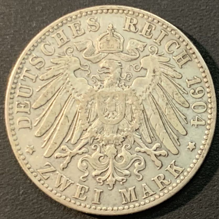 紫瑗钱币—微拍第56期  德国 巴伐利亚 1904年 奥拓 2马克 11.11克 0.9银