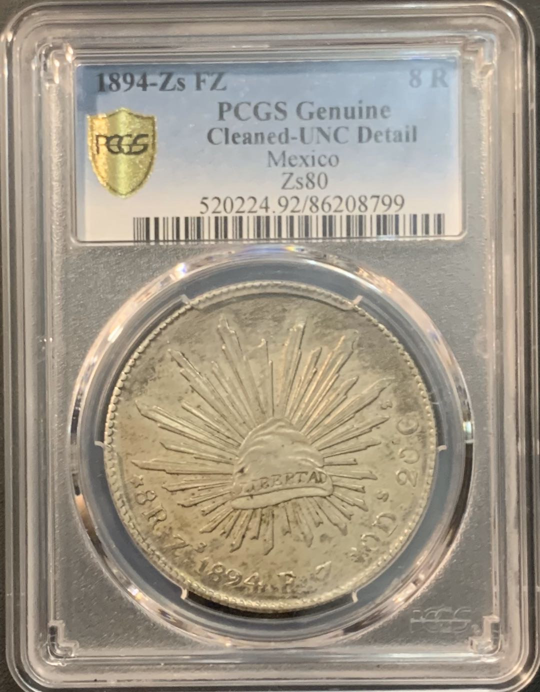 紫瑗钱币—微拍第56期  墨西哥 1894年 ZS FZ 8里亚尔 花边鹰洋 PCGS UNC Detail