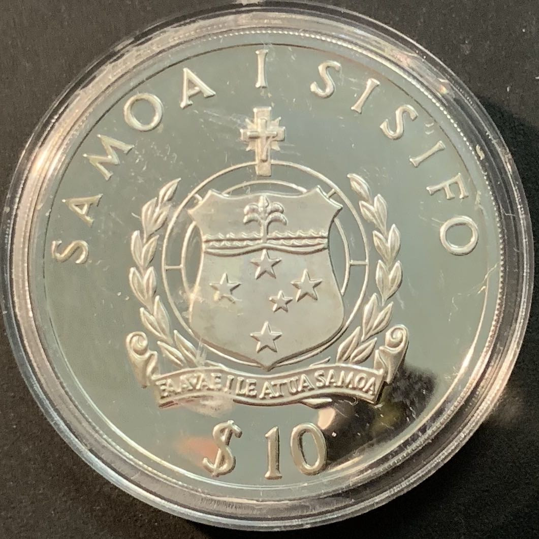 紫瑗钱币—微拍第59期  萨摩亚 1991年  92巴塞罗那奥运会 铅球 10元 31.47克 0.925银 精制