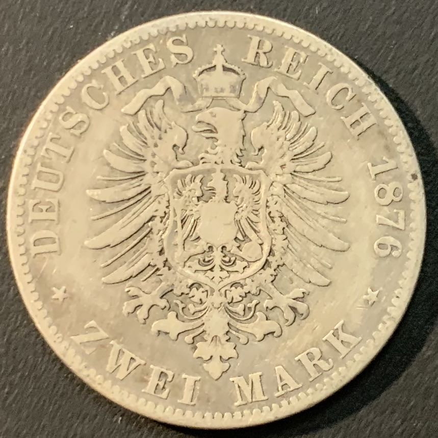 紫瑗钱币—微拍第56期  德国 普鲁士 1876年 A版 威廉一世 2马克 11.11克 0.9银