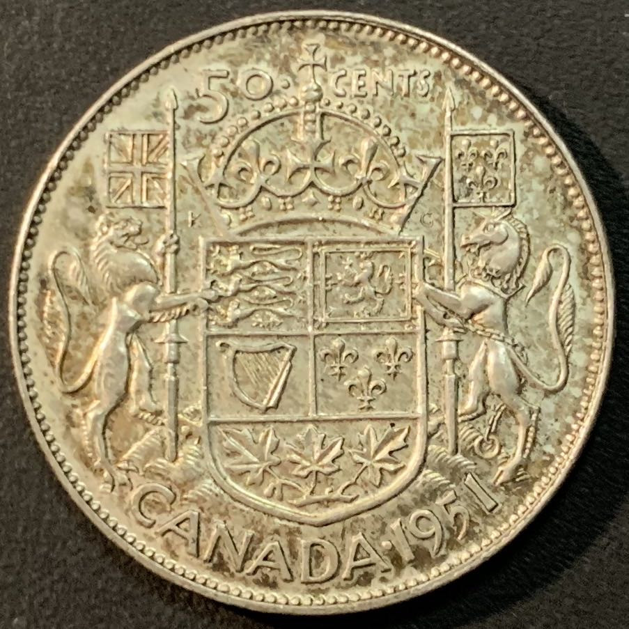 紫瑗钱币—微拍第56期  加拿大 1951年 乔治六世 50分 11.67克 0.8银