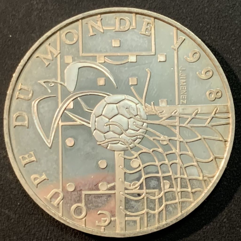 紫瑗钱币—微拍第56期  法国 1996年 98法国世界杯 破门 10法郎 21.16克 0.9银 精制