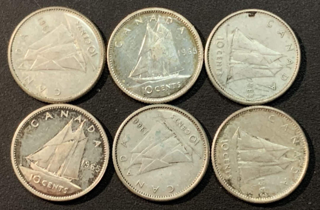 紫瑗钱币—微拍第56期  加拿大 伊丽莎白二世 10分 6枚一组 共约14克 0.8银
