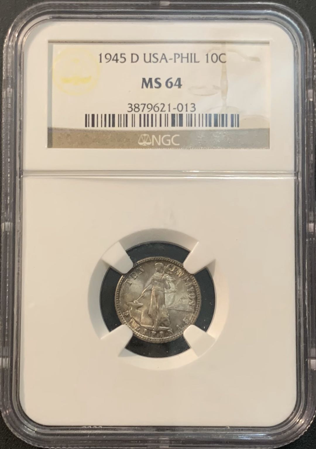 紫瑗钱币—微拍第56期  美属菲律宾 1945年 10分 NGC MS64 彩色包浆