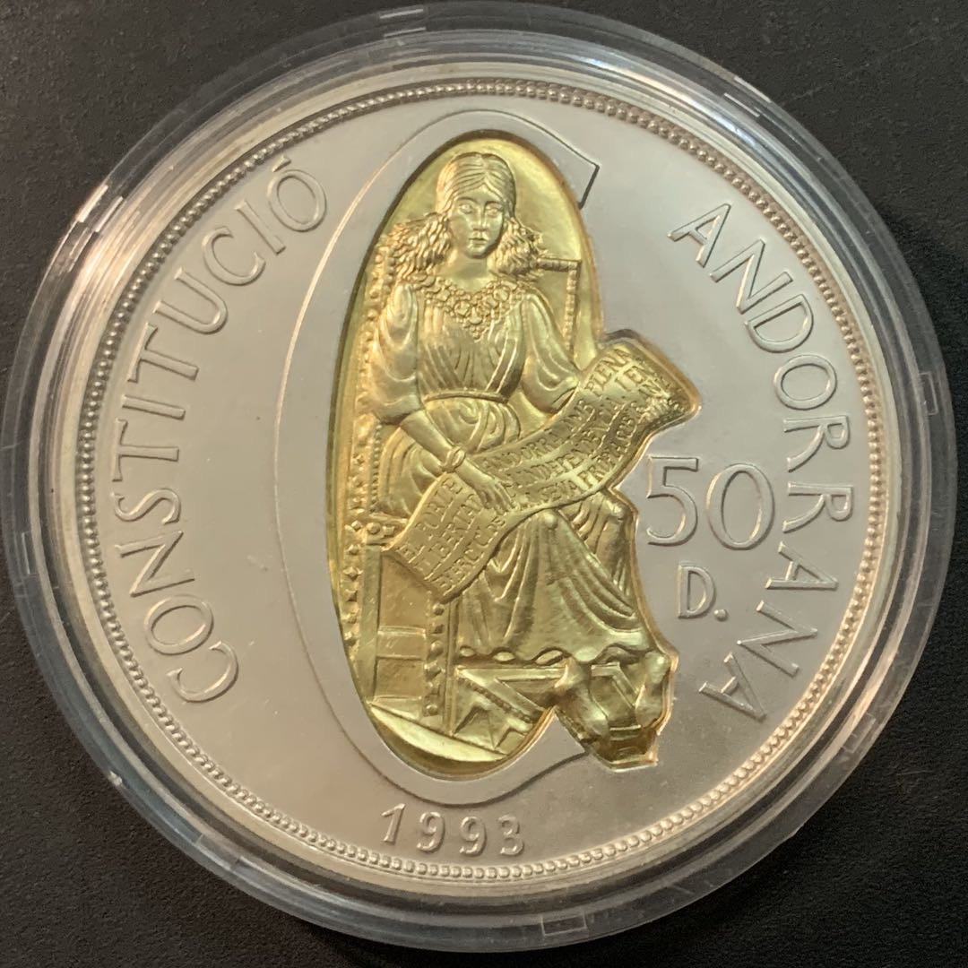 紫瑗钱币—微拍第56期  安道尔 1994年 宪法一周年 50第纳尔 155.51克 0.925银 镶金