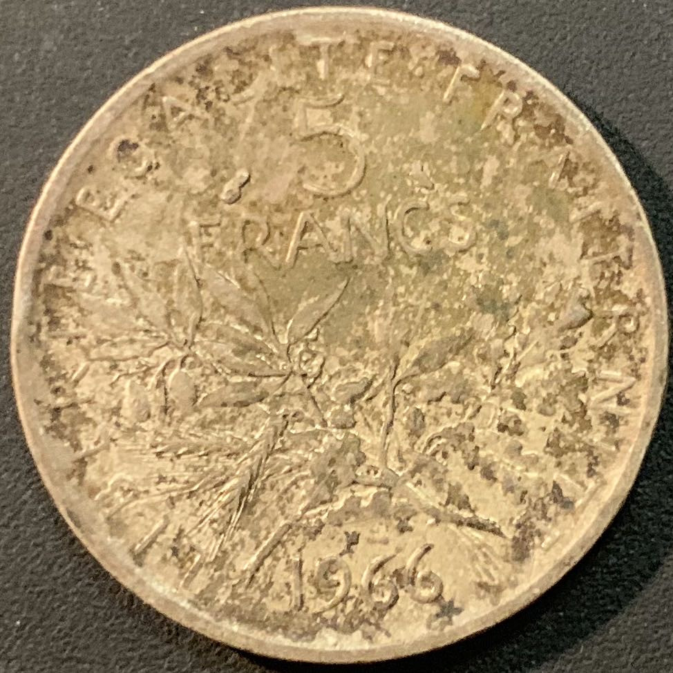 紫瑗钱币—微拍第56期  法国 1966年 播种女神 5法郎 12克 0.835银