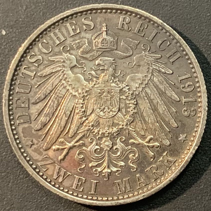 紫瑗钱币—微拍第56期  德国 普鲁士 1913年 军装 2马克 11.11克 0.9银