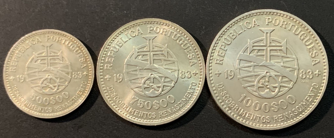 紫瑗钱币—微拍第56期  葡萄牙 1983年 17届欧洲博览会 500 750 1000埃斯库多 三枚 共40.5克 0.835银 BU