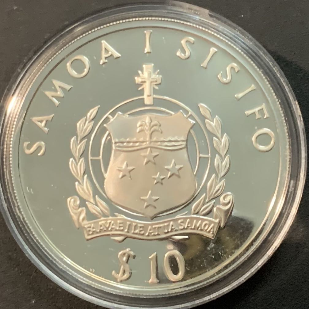 紫瑗钱币—微拍第59期  萨摩亚 1991年  92巴塞罗那奥运会 标枪 10元 31.47克 0.925银 精制