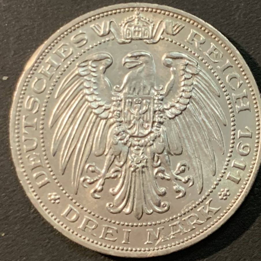 紫瑗钱币—微拍第56期  德国 普鲁士 1911年 布雷斯劳大学 3马克 16.67克 0.9银
