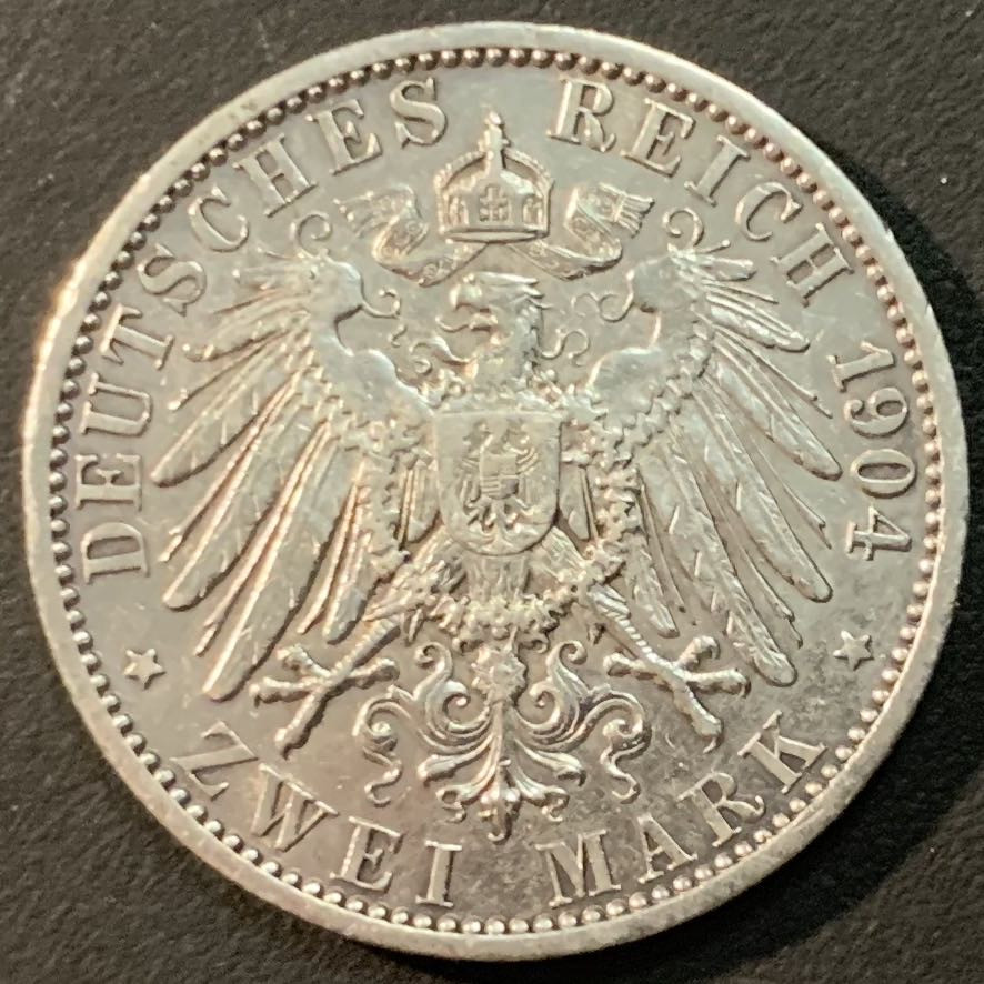 紫瑗钱币—微拍第56期  德国 普鲁士 1904年 威廉二世 2马克 11.11克 0.9银