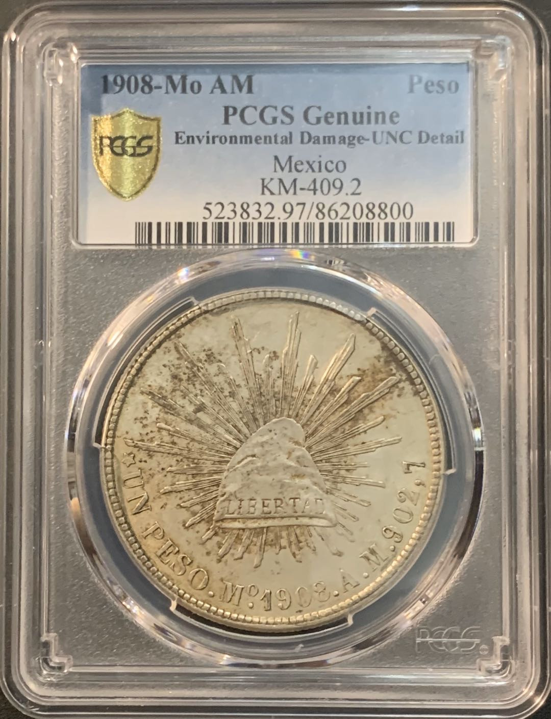 紫瑗钱币—微拍第56期  墨西哥 1908年 MO AM 1比索 直边鹰洋 PCGS UNC Detail