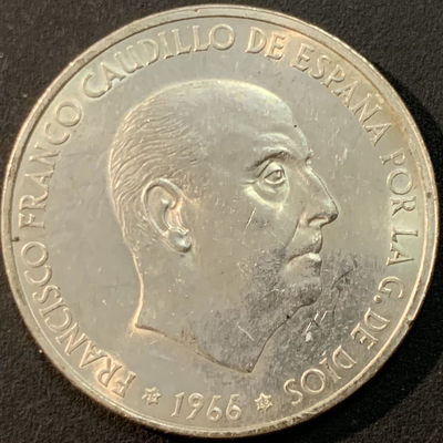 紫瑗钱币—微拍第56期  - 西班牙 1966年 佛朗哥 100比塞塔  19克 0.9银