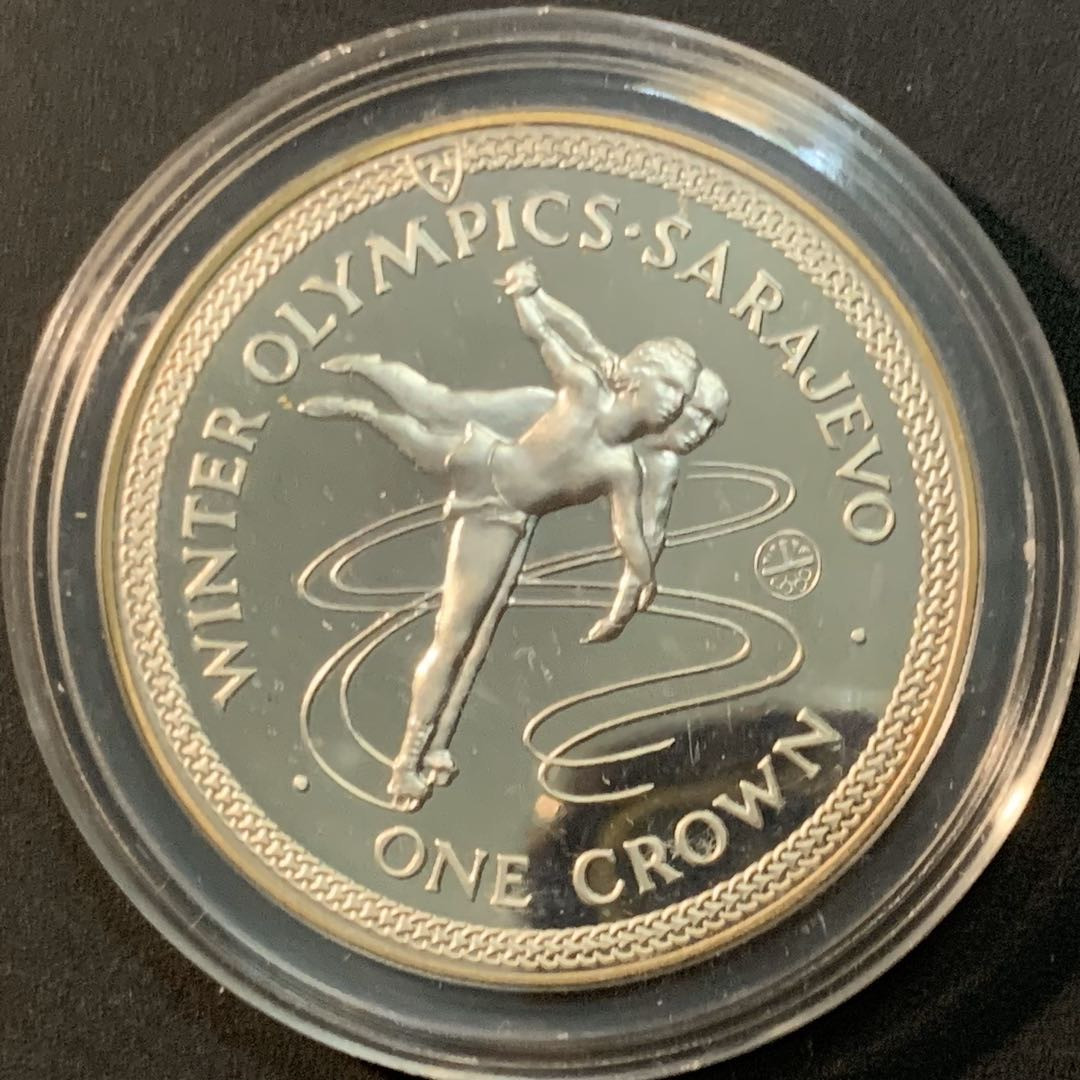 紫瑗钱币—微拍第59期  马恩岛 1984年 萨拉热窝冬季奥运会  1克朗 28.28克 0.925银 精制