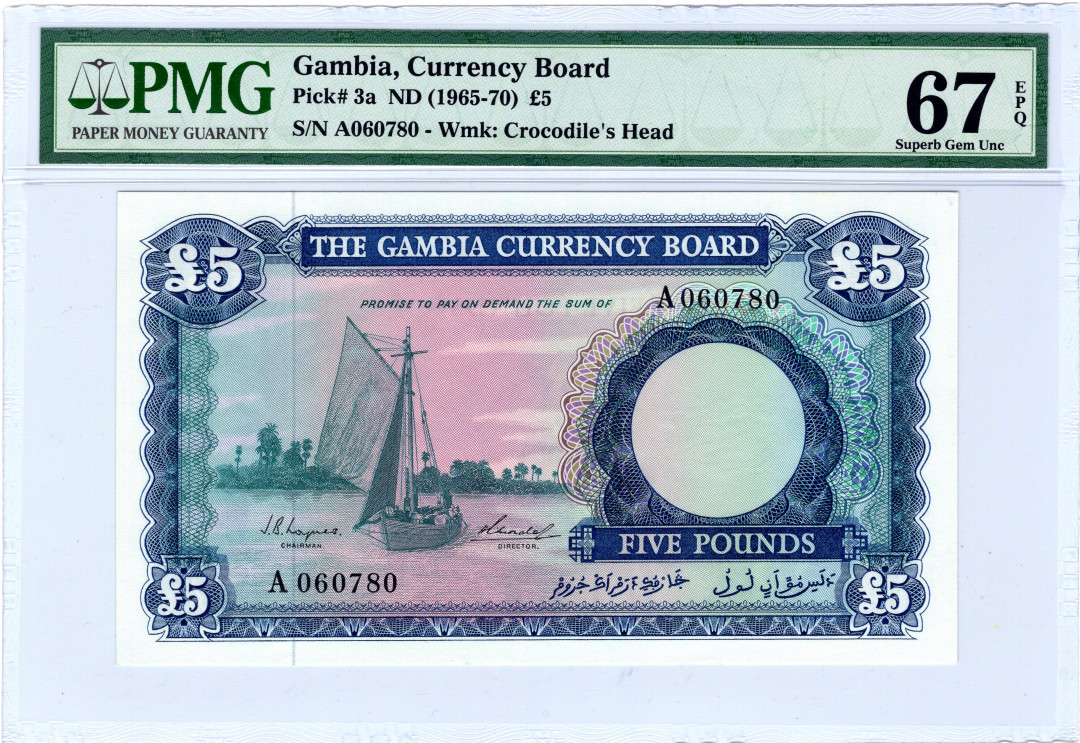 【收藏联盟】第136期拍卖——劳动最光荣（共50拍） 冈比亚 1965-70年 5镑 PMG67EPQ 高分 p3a 雕刻非常精美细腻 该国第一套纸币最高值 BWC出品 值得珍藏