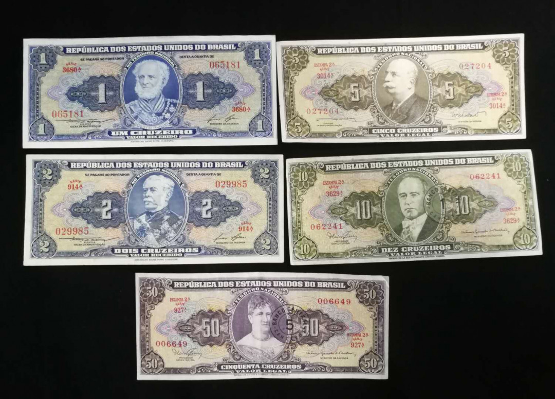 北京马甸外币专卖拍卖第五期一一纸币专场，陆续上新，敬请关注 巴西早期（美元版）纸币5张/套，品相如图，7到9品