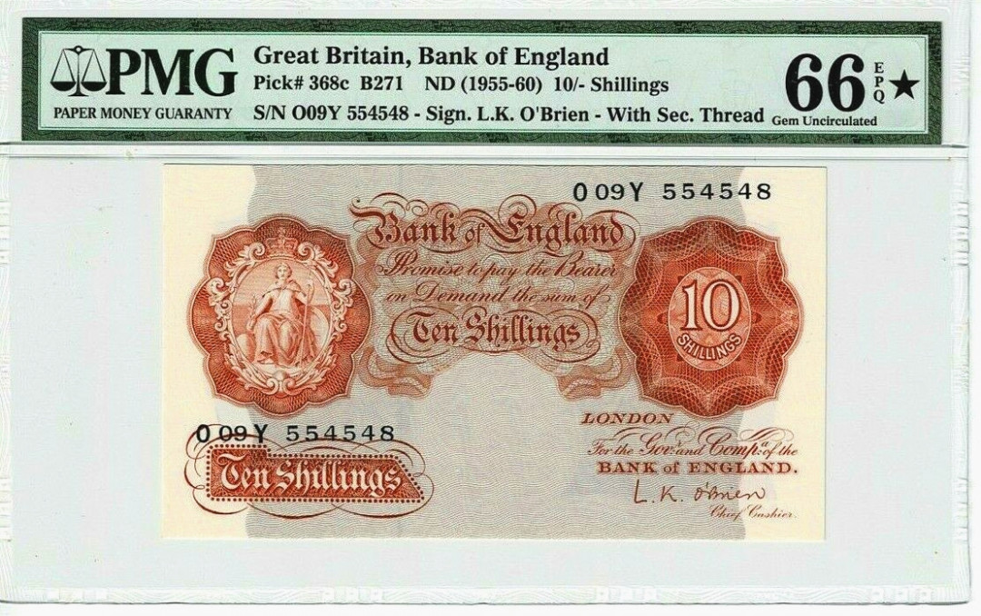 【收藏联盟】第136期拍卖——劳动最光荣（共50拍） 【唯一带星】英国 A序列 1955-60年 10先令 PMG66EPQ星 珍稀 非常难评