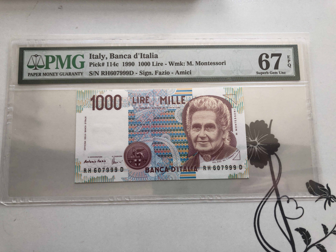 【收藏联盟】第136期拍卖——劳动最光荣（共50拍） 【999豹子号】意大利 1990年1000里拉 PMG67EPQ