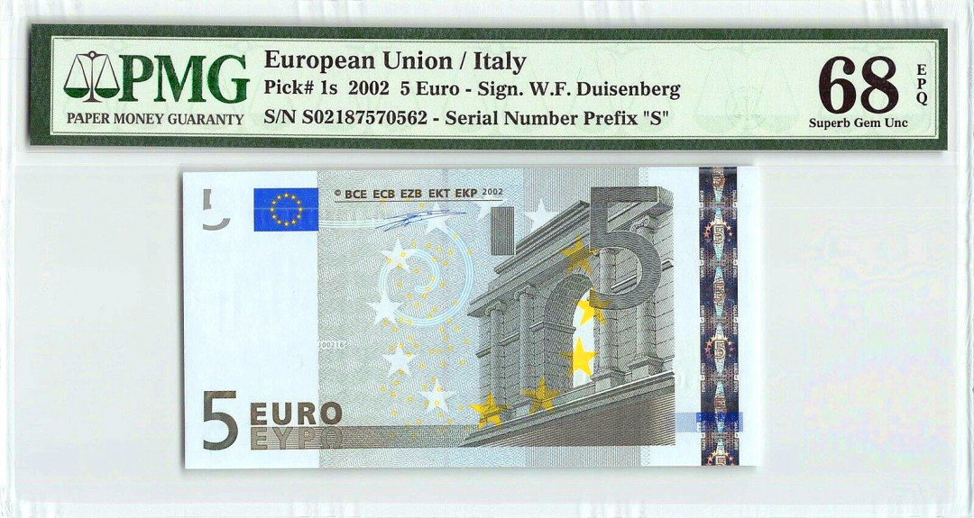 【收藏联盟】第136期拍卖——劳动最光荣（共50拍） 【首签高分】欧盟 2002年 5欧元 PMG68EPQ  p1s 意大利版