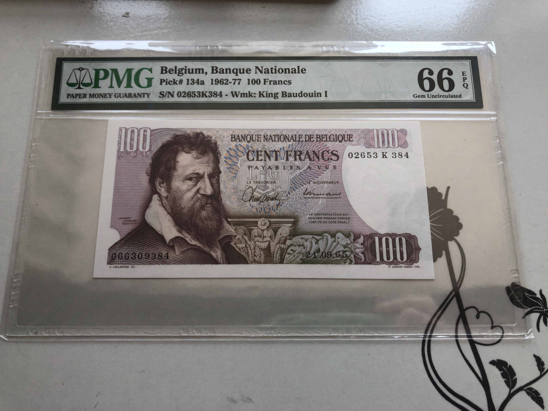 【收藏联盟】第136期拍卖——劳动最光荣（共50拍） 比利时 1962-77年 100法郎 PMG66EPQ