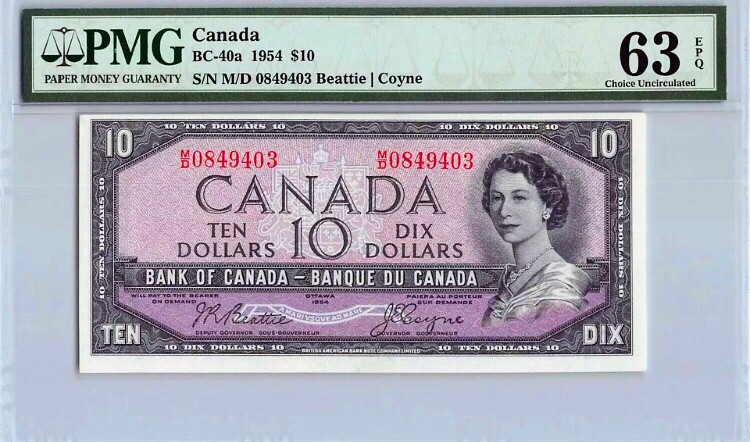 【收藏联盟】第136期拍卖——劳动最光荣（共50拍） 加拿大 1954年 10元 PMG63EPQ 原票 性价比 落基山脉 女王 雕刻精美 女王纸币
