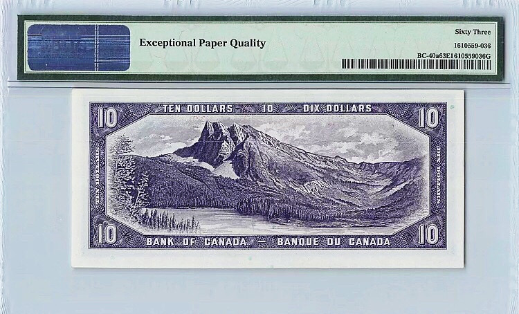 【收藏联盟】第136期拍卖——劳动最光荣（共50拍） 加拿大 1954年 10元 PMG63EPQ 原票 性价比 落基山脉 女王 雕刻精美 女王纸币