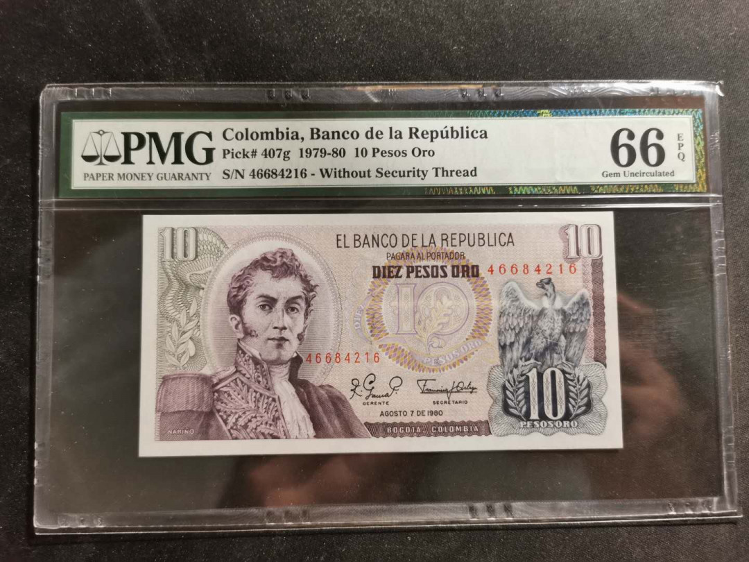 【鲸贝乐淘】千字文·第“祸因恶积，福缘善庆”号拍卖 【哥伦比亚🇨🇴 】1979－80年，10比索，PMG66E 