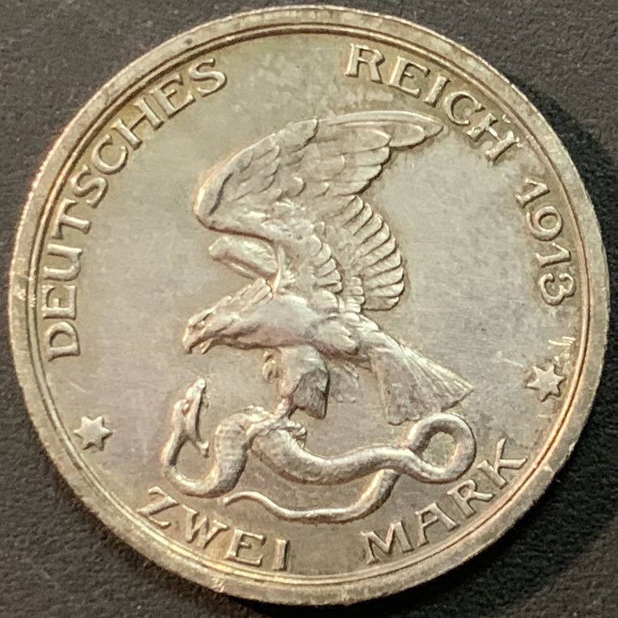 紫瑗钱币—微拍第57期  德国 普鲁士 1913年 普法战争 2马克 11.11克 0.9银