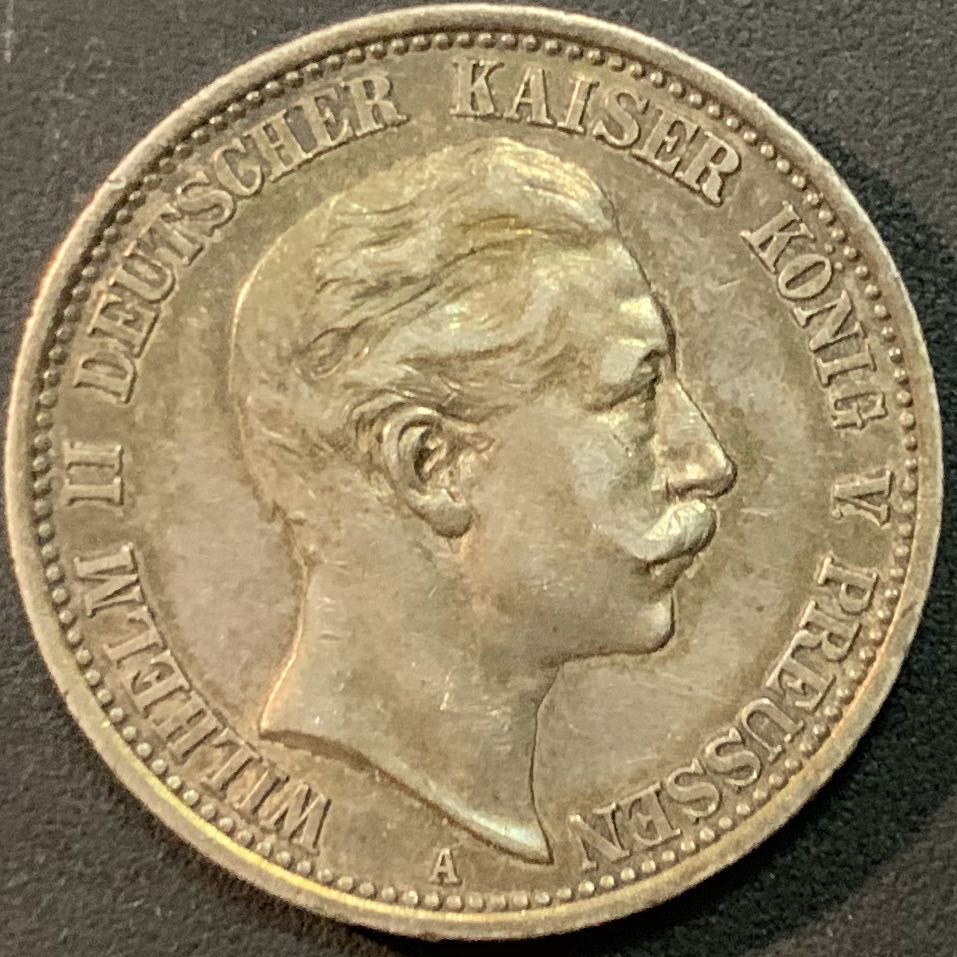 紫瑗钱币—微拍第57期  德国 普鲁士 1903年 威廉二世 2马克 11.11克 0.9银