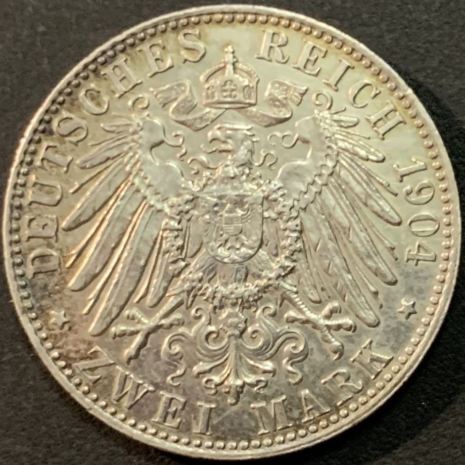 紫瑗钱币—微拍第57期  德国 巴伐利亚 1904年 奥拓 2马克 11.11克 0.9银